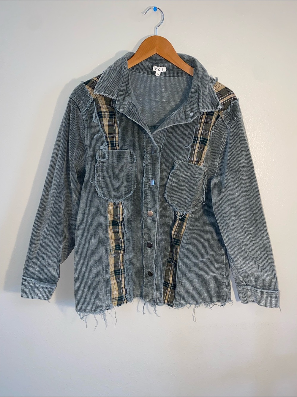 POL Mixed Media Plaid & Corduroy Patchwork Shacket - Women's Size Large